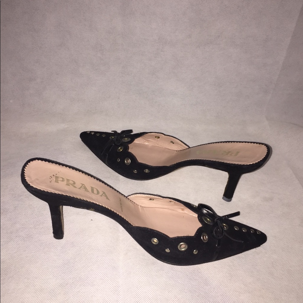 Prada Suede Scamosciato kitten heel mules/slides